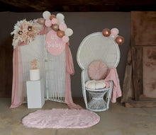 Load image into Gallery viewer, Baby Shower blush flowers, backdrop &amp; peacock chair – Advanced Package - HIRE ONLY
