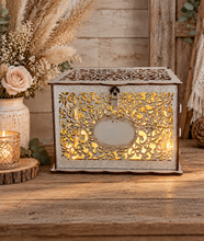 Load image into Gallery viewer, Rustic vintage silver wishing well with padlock &amp; lights - HIRE ONLY
