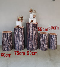 Load image into Gallery viewer, Rustic wood stump cylinder plinth cake or flower stand - 90cm - HIRE ONLY
