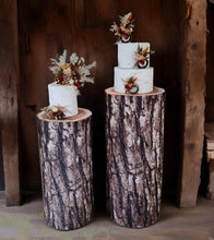 Load image into Gallery viewer, Rustic wood stump cylinder plinth cake or flower stand - 75cm - HIRE ONLY
