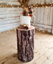 Load image into Gallery viewer, Rustic wood stump cylinder plinth cake or flower stand - 75cm - HIRE ONLY
