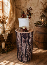 Load image into Gallery viewer, Rustic wood stump cylinder plinth cake or flower stand - 75cm - HIRE ONLY

