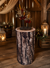 Load image into Gallery viewer, Rustic wood stump cylinder plinth flower / event stand - 60cm - HIRE ONLY
