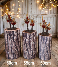Load image into Gallery viewer, Rustic wood stump cylinder plinth flower / event stand - 55cm - HIRE ONLY
