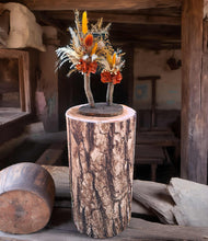 Load image into Gallery viewer, Rustic wood stump cylinder plinth flower / event stand - 55cm - HIRE ONLY
