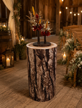 Load image into Gallery viewer, Rustic wood stump cylinder plinth flower / event stand - 55cm - HIRE ONLY
