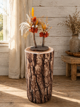 Load image into Gallery viewer, Rustic wood stump cylinder plinth flower / event stand - 55cm - HIRE ONLY

