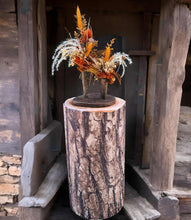 Load image into Gallery viewer, Rustic wood stump cylinder plinth flower / event stand - 50cm - HIRE ONLY
