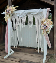 Load image into Gallery viewer, White wooden arbour w macrame - Boho Blush Package - HIRE ONLY
