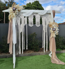 Load image into Gallery viewer, White wooden arbour w macrame - Boho Package - HIRE ONLY
