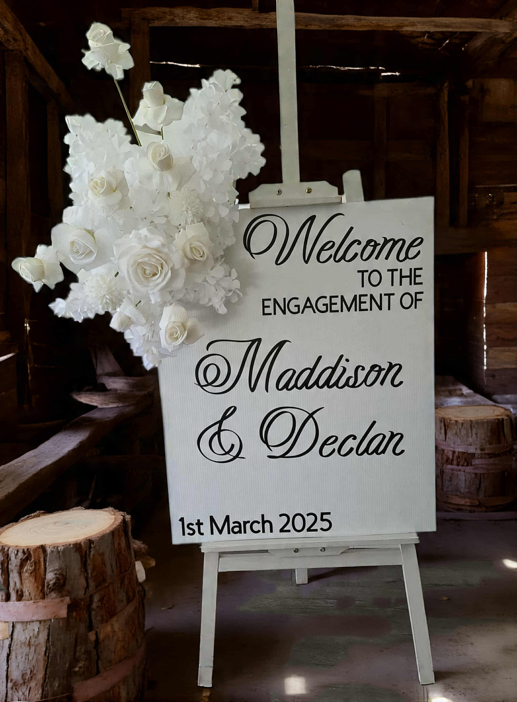White welcome sign flowers including easel - HIRE ONLY