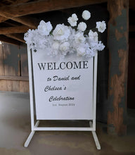 Load image into Gallery viewer, White welcome sign flowers including welcome stand / frame - HIRE ONLY
