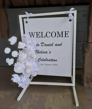 Load image into Gallery viewer, White welcome sign flowers including welcome stand / frame - HIRE ONLY

