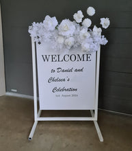 Load image into Gallery viewer, White welcome sign flowers including welcome stand / frame - HIRE ONLY
