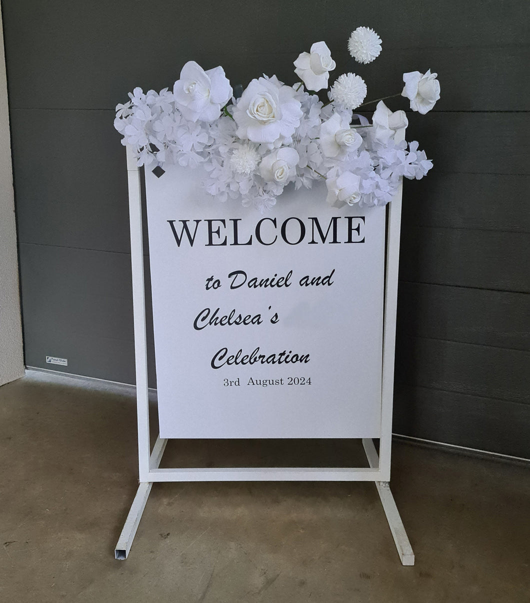 White welcome sign flowers including welcome stand / frame - HIRE ONLY