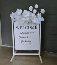 Load image into Gallery viewer, White welcome sign flowers including welcome stand / frame - HIRE ONLY
