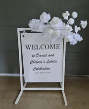 Load image into Gallery viewer, White welcome sign flowers including welcome stand / frame - HIRE ONLY
