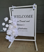 Load image into Gallery viewer, White welcome sign flowers including welcome stand / frame - HIRE ONLY
