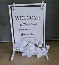 Load image into Gallery viewer, White welcome sign flowers including welcome stand / frame - HIRE ONLY
