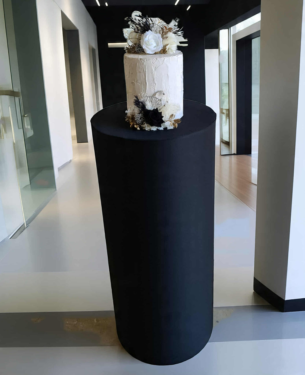 Black cylinder cake stand / plinth - 90cm - HIRE ONLY