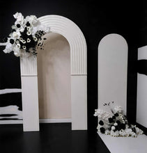 Load image into Gallery viewer, Double arch backdrop ripple - white incl 2 x flowers - HIRE ONLY
