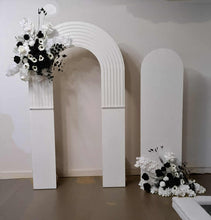 Load image into Gallery viewer, Double arch backdrop ripple - white incl 2 x flowers - HIRE ONLY
