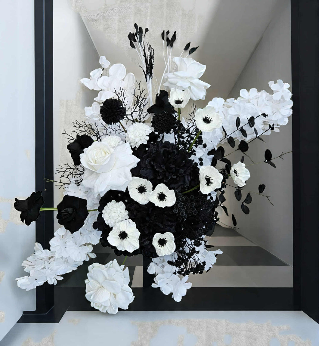 Black & white hanging flowers for arch / arbour / backdrop - HIRE ONLY