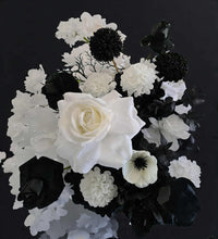 Load image into Gallery viewer, Black &amp; white hanging flowers for arch / arbour / backdrop - HIRE ONLY
