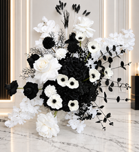 Load image into Gallery viewer, Black &amp; white hanging flowers for arch / arbour / backdrop - HIRE ONLY
