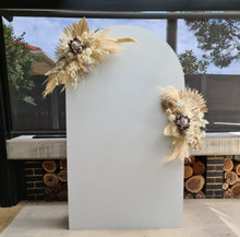 Load image into Gallery viewer, Single white backdrop / arch &amp; 2 x boho flowers - HIRE ONLY
