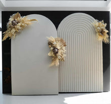 Load image into Gallery viewer, Two white backdrops / arches &amp; 3 x boho flowers - HIRE ONLY
