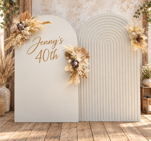 Load image into Gallery viewer, Two white backdrops / arches &amp; 3 x boho flowers - HIRE ONLY

