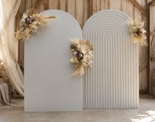 Load image into Gallery viewer, Two white backdrops / arches &amp; 3 x boho flowers - HIRE ONLY
