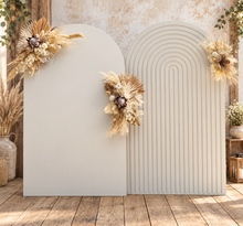 Load image into Gallery viewer, Two white backdrops / arches &amp; 3 x boho flowers - HIRE ONLY

