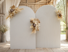 Load image into Gallery viewer, Two white backdrops / arches &amp; 3 x boho flowers - HIRE ONLY

