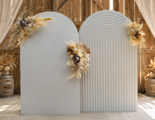Load image into Gallery viewer, Two white backdrops / arches &amp; 3 x boho flowers - HIRE ONLY
