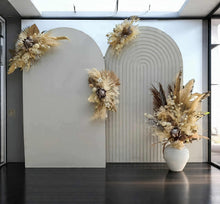 Load image into Gallery viewer, Double white backdrops / arches &amp; 4 x boho flowers - HIRE ONLY
