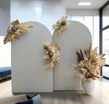 Load image into Gallery viewer, Double white backdrops / arches &amp; 4 x boho flowers - HIRE ONLY
