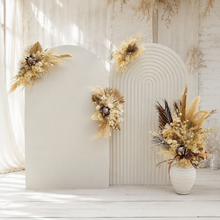 Load image into Gallery viewer, Double white backdrops / arches &amp; 4 x boho flowers - HIRE ONLY
