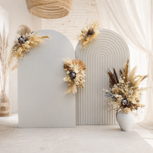Load image into Gallery viewer, Double white backdrops / arches &amp; 4 x boho flowers - HIRE ONLY
