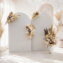Load image into Gallery viewer, Double white backdrops / arches &amp; 4 x boho flowers - HIRE ONLY
