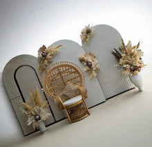 Load image into Gallery viewer, Three white backdrops / arches &amp; 5 x boho flowers &amp; Queen Peacock chair - HIRE ONLY
