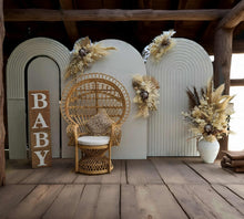 Load image into Gallery viewer, Three white backdrops / arches &amp; 5 x boho flowers &amp; Queen Peacock chair - HIRE ONLY
