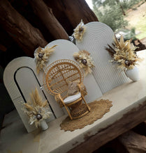 Load image into Gallery viewer, Three white backdrops / arches &amp; 5 x boho flowers &amp; Queen Peacock chair - HIRE ONLY
