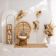 Load image into Gallery viewer, Three white backdrops / arches &amp; 5 x boho flowers &amp; Queen Peacock chair - HIRE ONLY
