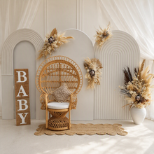 Load image into Gallery viewer, Three white backdrops / arches &amp; 5 x boho flowers &amp; Queen Peacock chair - HIRE ONLY
