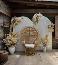 Load image into Gallery viewer, Two white backdrops / arches &amp; 5 x boho flowers &amp; Queen Peacock chair - HIRE ONLY
