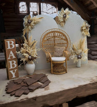 Load image into Gallery viewer, Two white backdrops / arches &amp; 5 x boho flowers &amp; Queen Peacock chair - HIRE ONLY
