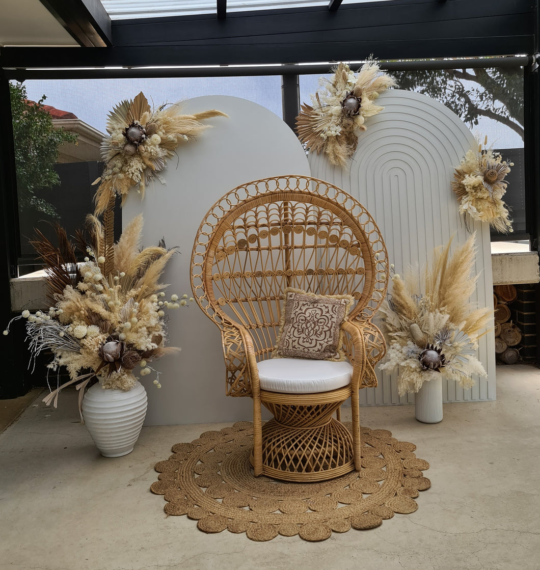Two white backdrops / arches & 5 x boho flowers & Queen Peacock chair - HIRE ONLY