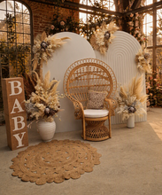 Load image into Gallery viewer, Two white backdrops / arches &amp; 3 x boho flowers &amp; Queen Peacock chair - HIRE ONLY
